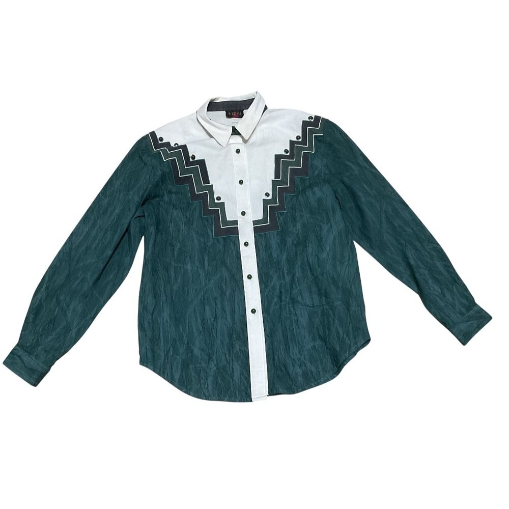 Vintage Wildfire Western Shirt Sz Large Green White Long Sleeve Womens